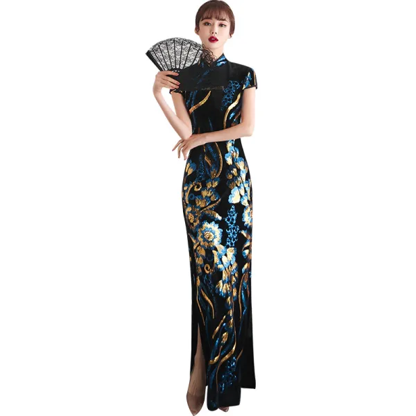 Style Chinois Bleu Marine Paillettes Robe De Soirée Cheongsam 2021 Trompette / Sirène Velour Col Haut Manches Courtes Thé Longueur Robe De Ceremonie