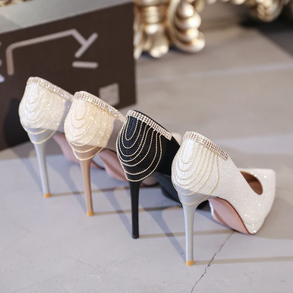 Glittrande Guld Rhinestone Brudskor 2022 11 cm Stilettklackar Spetsiga Bröllop Pumps Högklackade