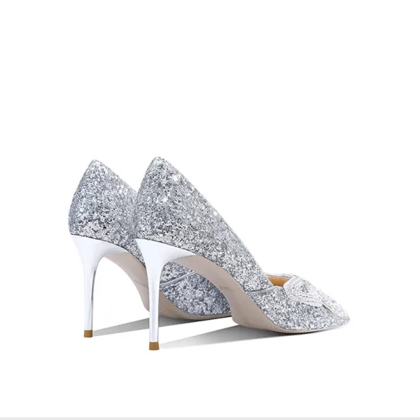 Scintillantes Argenté Faux Diamant Paillettes Chaussure De Mariée 2022 Cuir 8 cm Talons Aiguilles À Bout Pointu Mariage Escarpins Talons Hauts