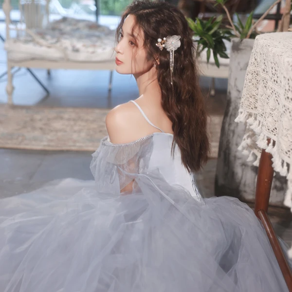 Vintage / Retro Grey Prom Dresses 2022 A-Line / Princess Square Neckline Puffy Short Sleeve Backless Floor-Length / Long Formal Dresses
