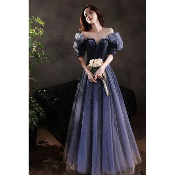 Fashion Navy Blue Suede Rhinestone Prom Dresses 2022 A-Line / Princess Scoop Neck Short Sleeve Backless Floor-Length / Long Formal Dresses