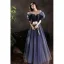 Fashion Navy Blue Suede Rhinestone Prom Dresses 2022 A-Line / Princess Scoop Neck Short Sleeve Backless Floor-Length / Long Formal Dresses