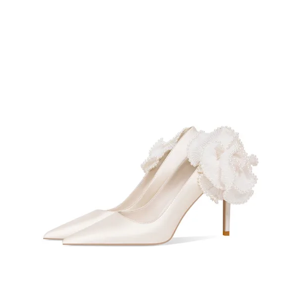 Eleganta Elfenben Pärla Blomma Satin Brudskor 2021 8 cm Stilettklackar Spetsiga Pumps Högklackade