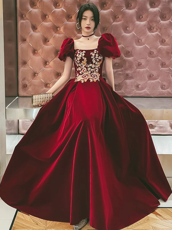 Elegant Burgundy Suede Prom Dresses 2022 A-Line / Princess Square Neckline Lace Flower Puffy Short Sleeve Backless Floor-Length / Long Prom Dresses