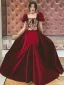 Elegant Burgundy Suede Prom Dresses 2022 A-Line / Princess Square Neckline Lace Flower Puffy Short Sleeve Backless Floor-Length / Long Prom Dresses