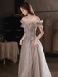 Charming Silver Prom Dresses 2022 A-Line / Princess Off-The-Shoulder Short Sleeve Backless Floor-Length / Long Formal Dresses