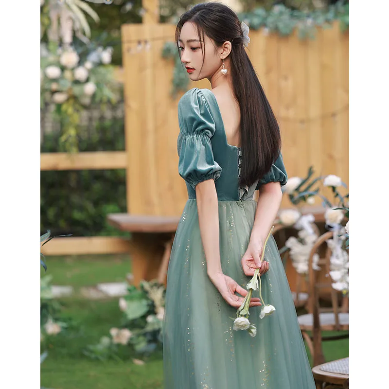 Modest Simple Jade Green Suede Bridesmaid Dresses 2022 A-Line Princess Short Sleeve Long
