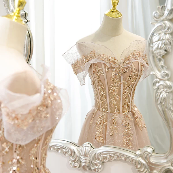 Charmant Rougissant Rose Perlage Paillettes En Dentelle Fleur Robe De Bal 2022 Princesse De l'épaule Manches Courtes Dos Nu Longue Robe De Ceremonie