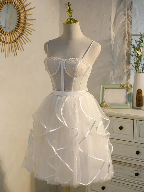 Sexy Champagne Pearl Cascading Ruffles Birthday Party Dresses 2022 A-Line / Princess Spaghetti Straps Sleeveless Backless Floor-Length / Long Formal Dresses