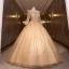 Charmant Champagne Perlage Perle Paillettes En Dentelle Fleur Robe De Bal 2022 Robe Boule Encolure Dégagée Manches Longues Dos Nu Longue Robe De Ceremonie