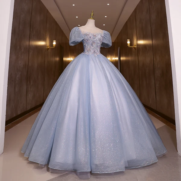 Elegant Sky Blue Lace Flower Prom Dresses 2022 Ball Gown Scoop Neck Beading Pearl Sequins Rhinestone Puffy Short Sleeve Backless Floor-Length / Long Formal Dresses