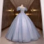 Elegant Sky Blue Lace Flower Prom Dresses 2022 Ball Gown Scoop Neck Beading Pearl Sequins Rhinestone Puffy Short Sleeve Backless Floor-Length / Long Formal Dresses