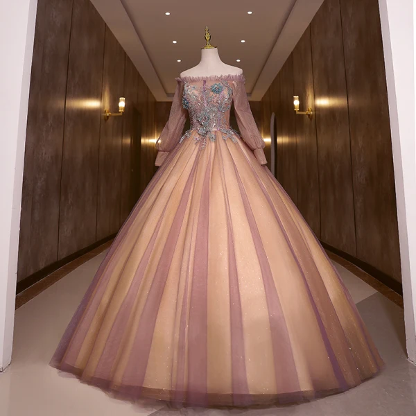 Elegant Purple Pearl Sequins Lace Flower Prom Dresses 2022 Ball Gown Off-The-Shoulder Long Sleeve Floor-Length / Long Formal Dresses