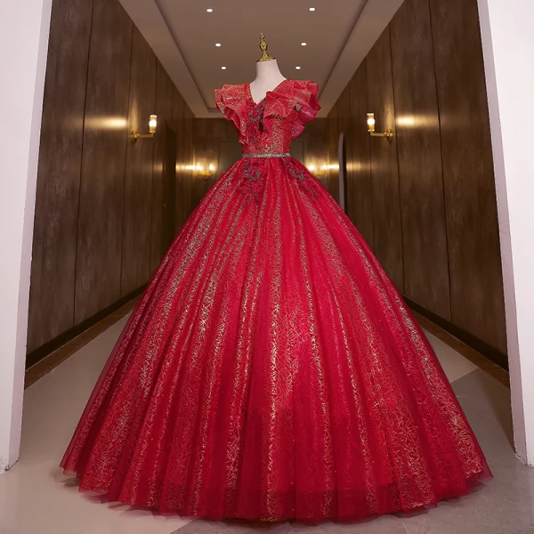 Chic / Beautiful Burgundy Glitter Sequins Prom Dresses Ball Gown 2022 V-Neck Rhinestone Short Sleeve Backless Floor-Length / Long Formal Dresses
