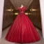 Chic / Beautiful Burgundy Glitter Sequins Prom Dresses Ball Gown 2022 V-Neck Rhinestone Short Sleeve Backless Floor-Length / Long Formal Dresses