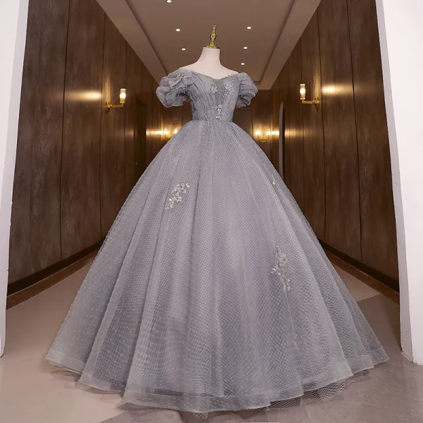 Élégant Gris Paillettes Robe De Bal 2022 Princesse De l'épaule Appliques Gonflée Manches Courtes Dos Nu Longue Robe De Ceremonie