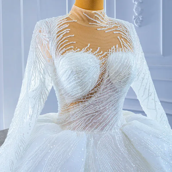 High End Weiß Handgefertigt Perlenstickerei Pailletten Brautkleider / Hochzeitskleider 2022 Ballkleid Stehkragen Lange Ärmel Königliche Schleppe