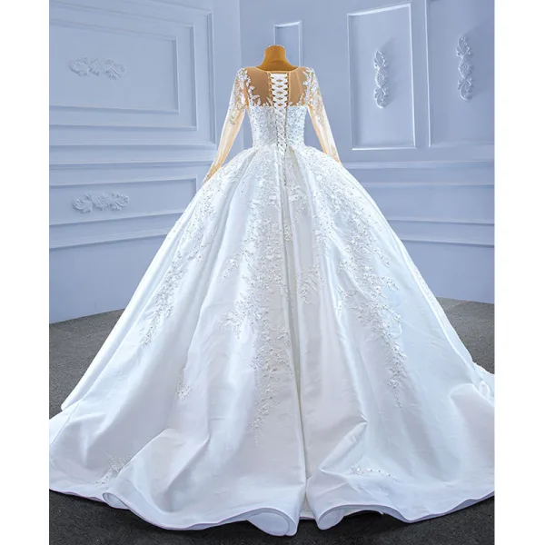 High-end White Beading Pearl Lace Flower Wedding Dresses 2022 Ball Gown Scoop Neck Long Sleeve Court Train Wedding