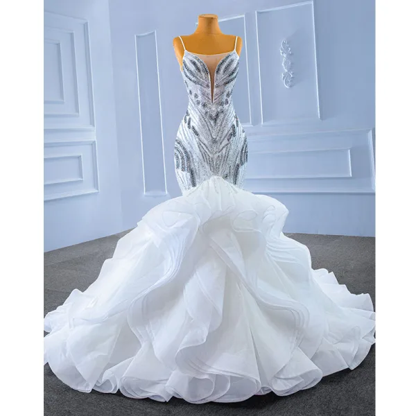 Luxury / Gorgeous High-end White Cascading Ruffles Beading Pearl Rhinestone Sequins Wedding Dresses 2022 Trumpet / Mermaid Spaghetti Straps Sleeveless Backless Court Train