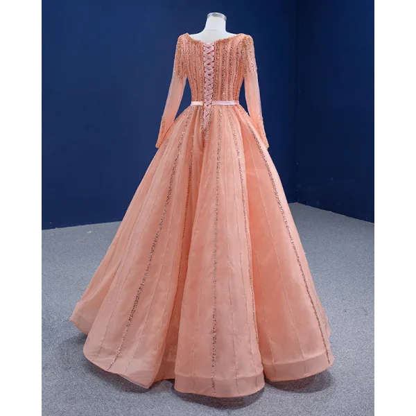 High End Pink Ballkleider 2022 A Linie Eckiger Ausschnitt Perlenstickerei Strass Pailletten Lange Ärmel Rückenfreies Lange Festliche Kleider