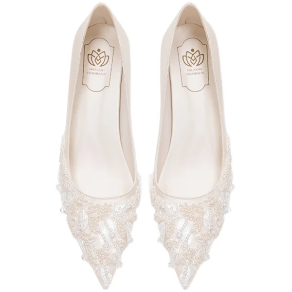 Elegant Ivory Satin Pearl Wedding Pumps High Heels 2021 8 cm Stiletto Heels Pointed Toe Wedding Shoes