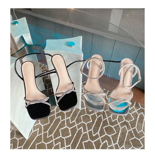 Sexy Silver Rhinestone Cocktail Party Evening Party Womens Sandals 2022 Leather Ankle Strap 9 cm Stiletto Heels Open / Peep Toe Sandals High Heels