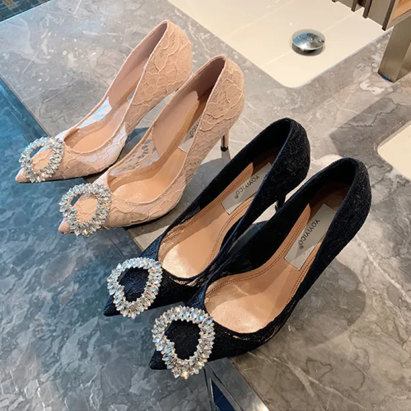 Charming Nude Rhinestone Lace Flower Evening Party Pumps 2022 8 cm Stiletto Heels Pointed Toe Pumps High Heels