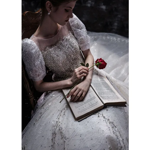 Luxury / Gorgeous White Beading Rhinestone Sequins Lace Flower Wedding Dresses 2022 Ball Gown Scoop Neck Short Sleeve Backless Royal Train Wedding