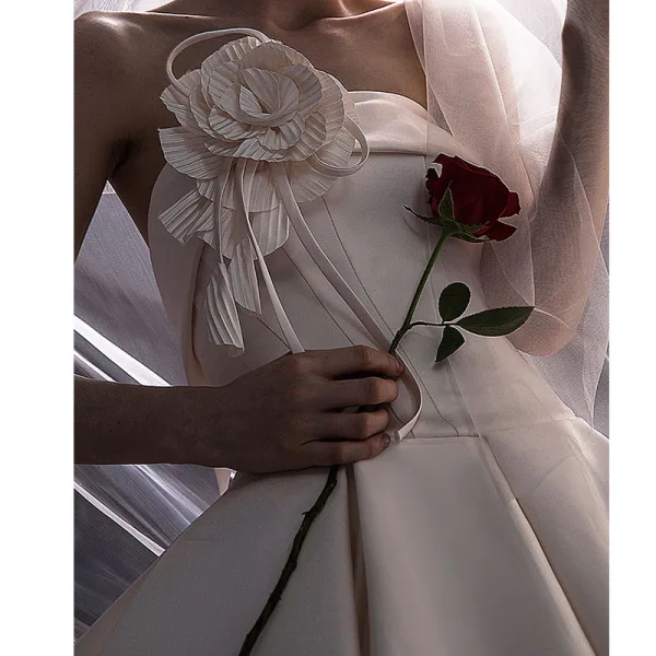 Haut de Gamme Ivoire Satin Robe De Mariée 2022 Robe Boule Bustier Appliques Sans Manches Dos Nu Tribunal Train Mariage