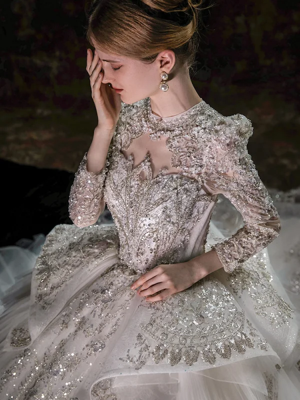 Luxury / Gorgeous Ivory Beading Pearl Sequins Cascading Ruffles Wedding Dresses 2022 Ball Gown Scoop Neck Long Sleeve Backless Royal Train