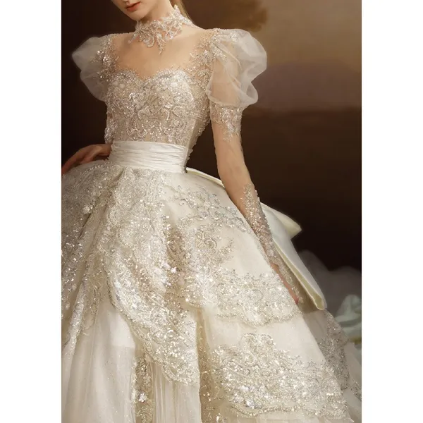 Luxury / Gorgeous Glitter Sequins Beading Pearl Lace Flower Ivory Wedding Dresses 2022 Ball Gown Scoop Neck Puffy Short Sleeve Sash Satin Bow Royal Train Wedding
