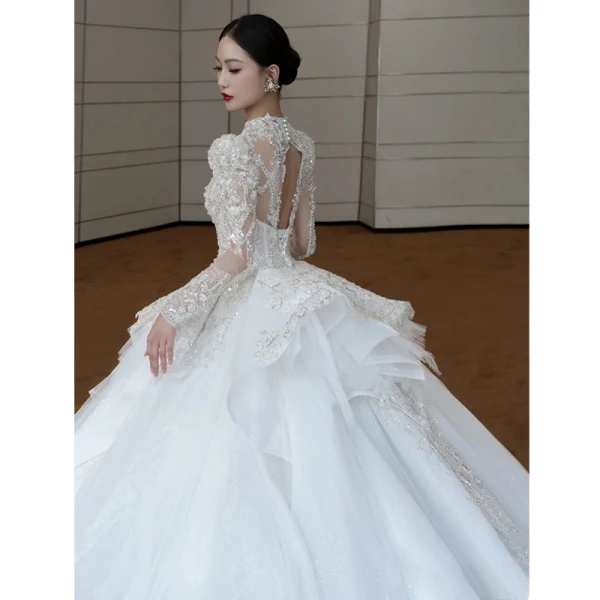 High-end White Cascading Ruffles Beading Pearl Rhinestone Sequins Wedding Dresses 2022 Ball Gown Scoop Neck Long Sleeve Backless Royal Train Wedding