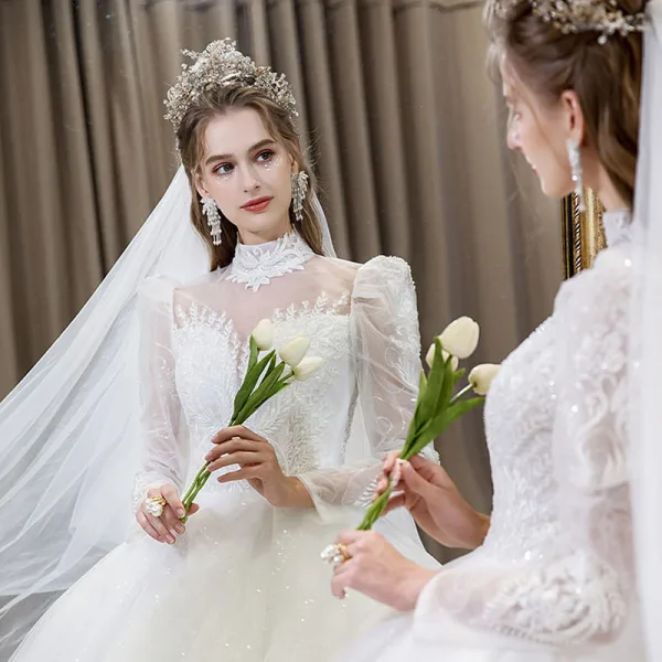 Elegant White Sequins Lace Flower Wedding Dresses 2022 Ball Gown High Neck Long Sleeve Backless Floor-Length / Long Wedding