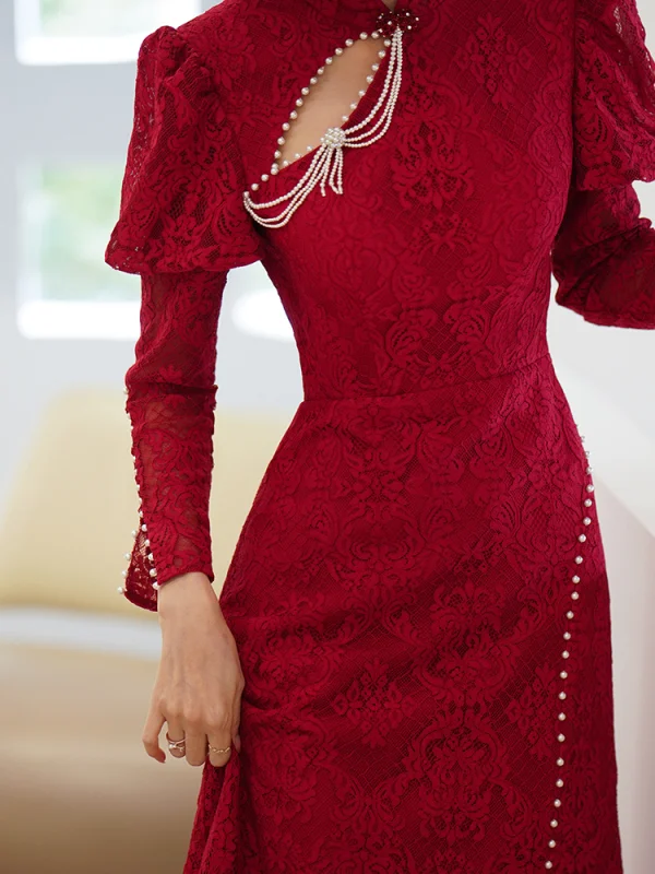 Chic / Beautiful Burgundy Lace Flower Cheongsam Evening Dresses 2022 Trumpet / Mermaid High Neck Beading Pearl Long Sleeve Backless Court Train Evening Party Formal Dresses