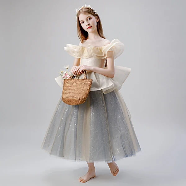 Elegant Champagne Sequins Cascading Ruffles Flower Girl Dresses 2022 Ball Gown Scoop Neck Short Sleeve Floor-Length / Long Birthday Flower Girl Dresses