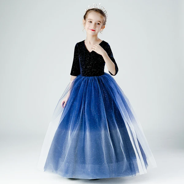 Elegant Navy Blue Gradient-Color Sequins Flower Girl Dresses 2022 Ball Gown V-Neck 1/2 Sleeves Floor-Length / Long Birthday Flower Girl Dresses