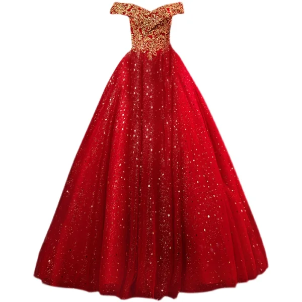 Scintillantes Rouge Glitter Perlage Paillettes Robe De Bal 2021 Princesse De l'épaule Sans Manches Dos Nu Longue Robe De Ceremonie