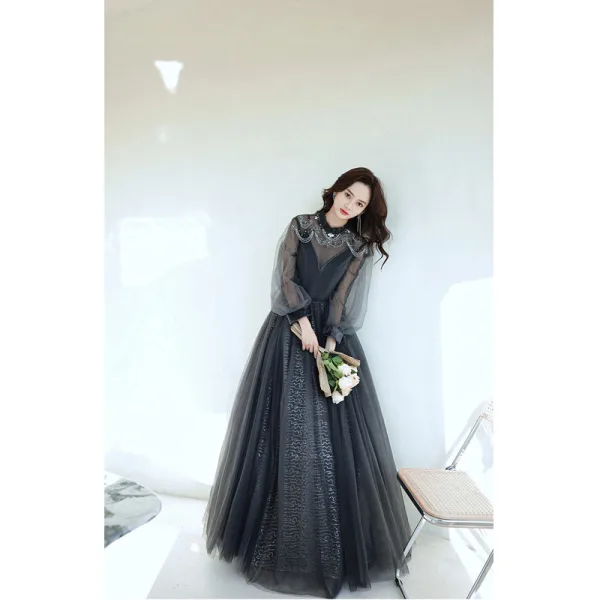 Chic / Belle Noire Perlage Faux Diamant Paillettes Robe De Bal 2022 Princesse Encolure Dégagée Manches Longues Dos Nu Longue Robe De Ceremonie