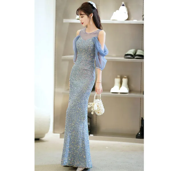 Charmant Bleu Ciel Perlage Paillettes Robe De Soirée 2022 Trompette / Sirène Encolure Dégagée Manches Courtes Dos Nu Longue Robe De Ceremonie