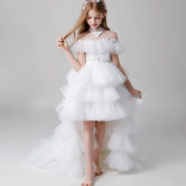 Fashion White Butterfly Appliques Rhinestone Cascading Ruffles Birthday Flower Girl Dresses 2022 Ball Gown High Neck Short Sleeve Floor-Length / Long Flower Girl Dresses