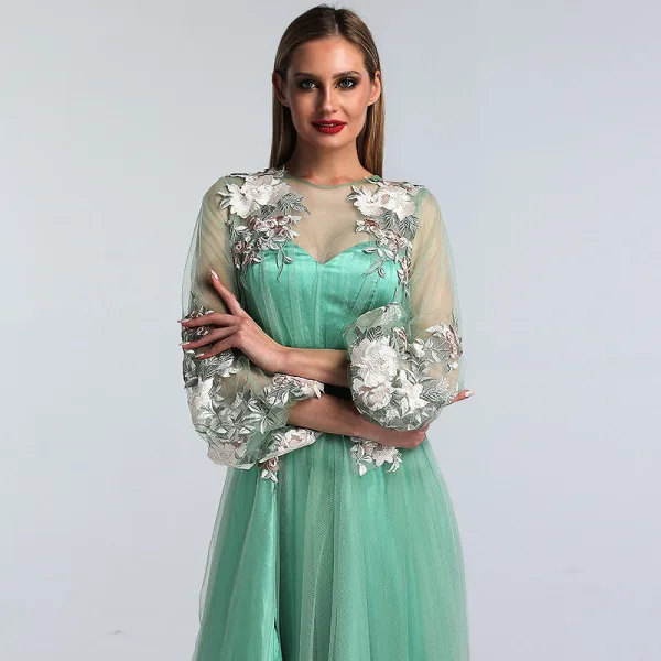 Flower Fairy Sage Green Prom Dresses 2022 A-Line / Princess Scoop Neck Lace Flower Long Sleeve Floor-Length / Long Formal Dresses