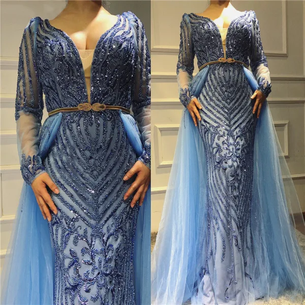 Sexy Bleu Perlage Faux Diamant Paillettes Robe De Soirée 2022 Trompette / Sirène Col v profond Manches Longues Dos Nu Ceinture Longue Soirée Robe De Ceremonie