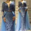 Sexy Bleu Perlage Faux Diamant Paillettes Robe De Soirée 2022 Trompette / Sirène Col v profond Manches Longues Dos Nu Ceinture Longue Soirée Robe De Ceremonie