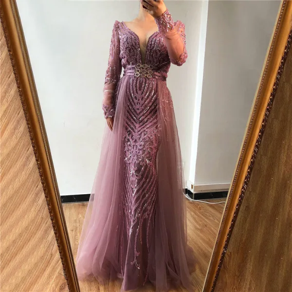 Haut de Gamme Rose Sombre Perlage Paillettes Robe De Soirée 2022 Trompette / Sirène Col v profond Ceinture Manches Longues Dos Nu Longue Soirée Robe De Ceremonie