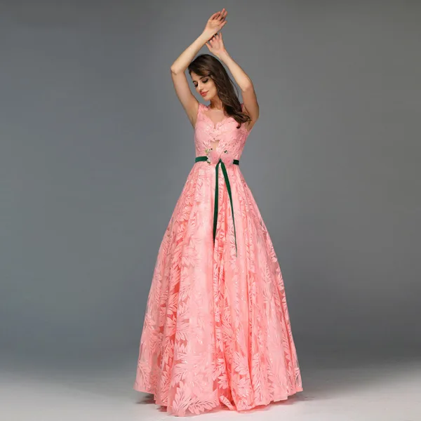 Chic / Beautiful Candy Pink Leaf Lace Prom Dresses 2022 A-Line / Princess Scoop Neck Sleeveless Floor-Length / Long Formal Dresses