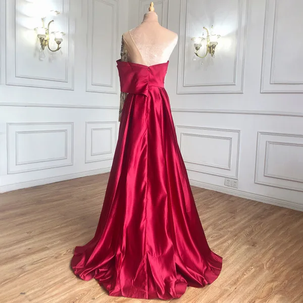High-end Burgundy Satin Prom Dresses 2022 A-Line / Princess One-Shoulder Beading Rhinestone Sequins Long Sleeve Backless Split Front Floor-Length / Long Formal Dresses