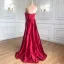 High-end Burgundy Satin Prom Dresses 2022 A-Line / Princess One-Shoulder Beading Rhinestone Sequins Long Sleeve Backless Split Front Floor-Length / Long Formal Dresses