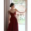 Chic / Beautiful Burgundy Suede Velour Evening Dresses 2022 A-Line / Princess High Neck Beading Pearl Rhinestone Short Sleeve Floor-Length / Long Evening Party Formal Dresses