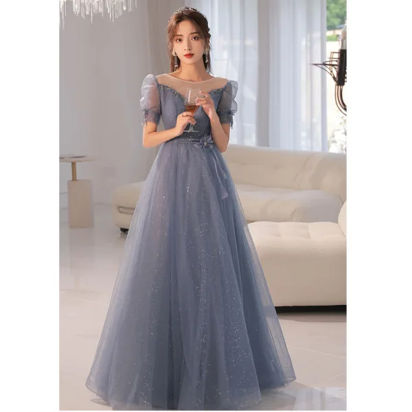 Charmant Bleu Ciel Glitter Faux Diamant Paillettes Robe De Bal 2022 Princesse Encolure Dégagée Manches Courtes Dos Nu Ceinture Longue Robe De Ceremonie