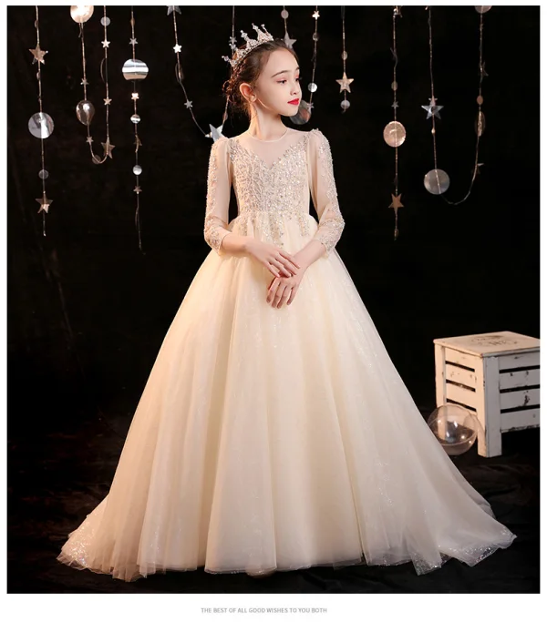 Chic / Beautiful Champagne Beading Sequins Birthday Flower Girl Dresses 2022 Ball Gown Scoop Neck 3/4 Sleeve Sweep Train Flower Girl Dresses